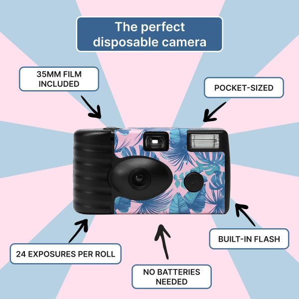 Disposable Film Camera – 35mm | 24 Shots | Exposure, Vibrant Design, Perfect for Vacations, Parties, Weddings & Events, Easy-to-Use | Built-in Flash | Retro Photos | Film Included | Tropical Pattern - Image 2