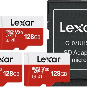 Lexar E-Series 128GB Micro SD Card 3 Pack, microSDXC UHS-I Flash Memory Card with Adapter, 100MB/s, C10, U3, A1, V30, Full HD, 4K UHD, High Speed TF Card